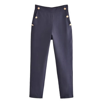TRAFZA Elegant Chic Pencil Pants Solid Multicolor Elastic Side Pockets Button Premium Fashion Slim Fit Versatile Pants Ladies