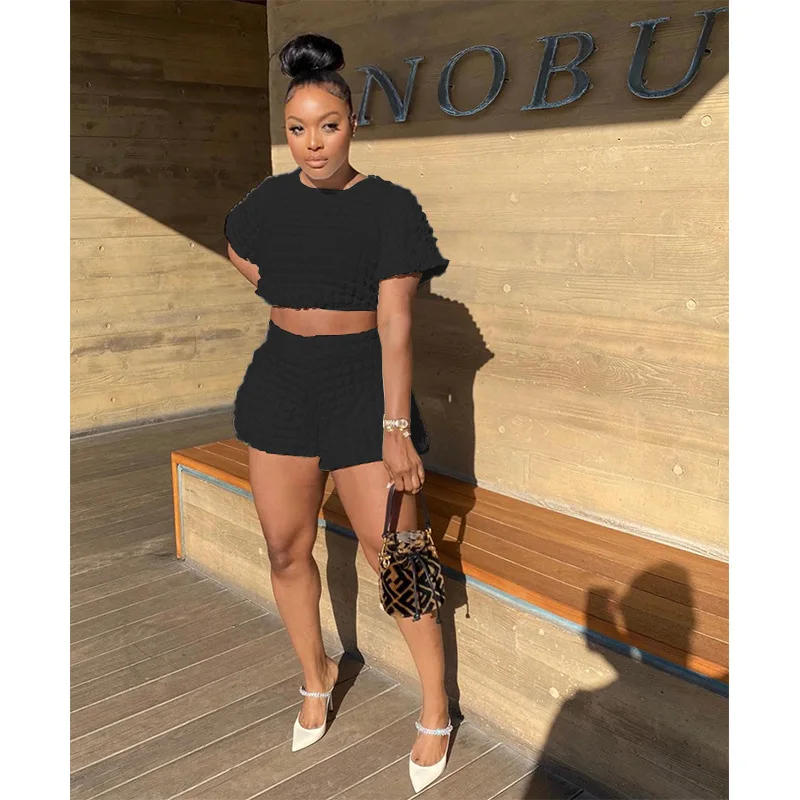 Description Picture 4 of itemLounge Wear Puff 2 Piece Outfits Summer Women Casual Crop Top + Elastic High Waist Shorts Sets Tracksuits Women Workout Y2K