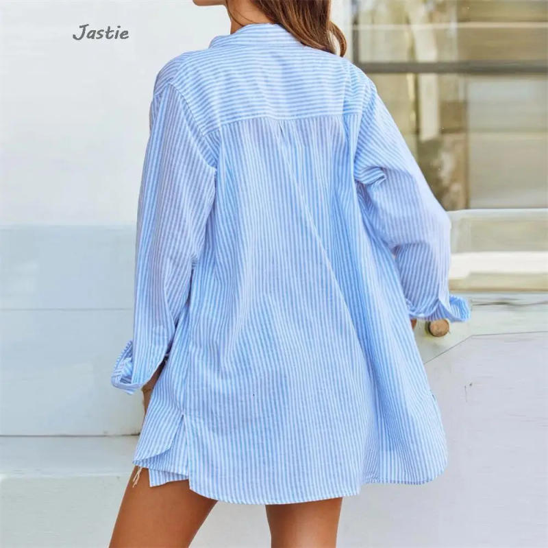 Description Picture 6 of itemCotton Striped Blue Shirts Shorts 2 Piece Sets Women Outfit Casual Long Sleeve Button Blouse Zipper Shorts Sets Suit Fashion