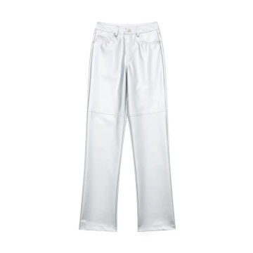 KONDALA Streetwear Silver PU Pants Women High Waist Pockets Straight Trousers Fashion 2023 Y2K Girl Pants Shiny Female Trousers