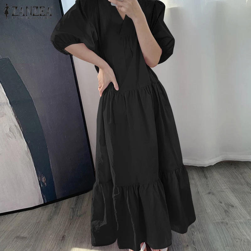 Description Picture 5 of itemZANZEA Bohemian Casual Holiday Vestidos Fashion Party Dress Summer Women V Neck Lantern Sleeve Sundress Femme White Dress Robe