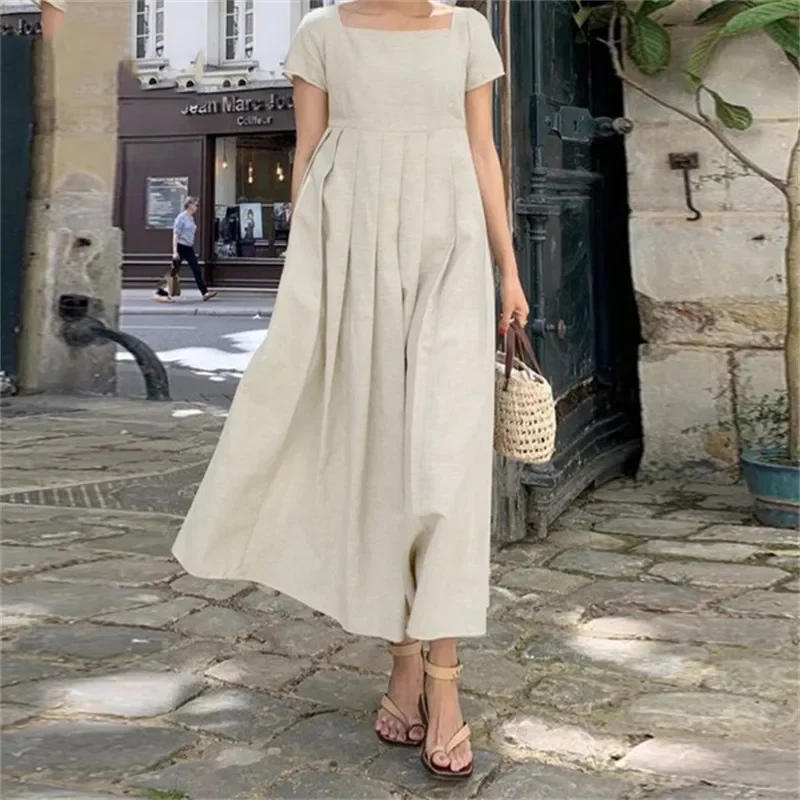 Description Picture 6 of itemDress for Women Cotton Blended Long Skirt Large Swing Sun Skirt Short Sleeve Square Neck Elegant Casual Long Pure Color Dress