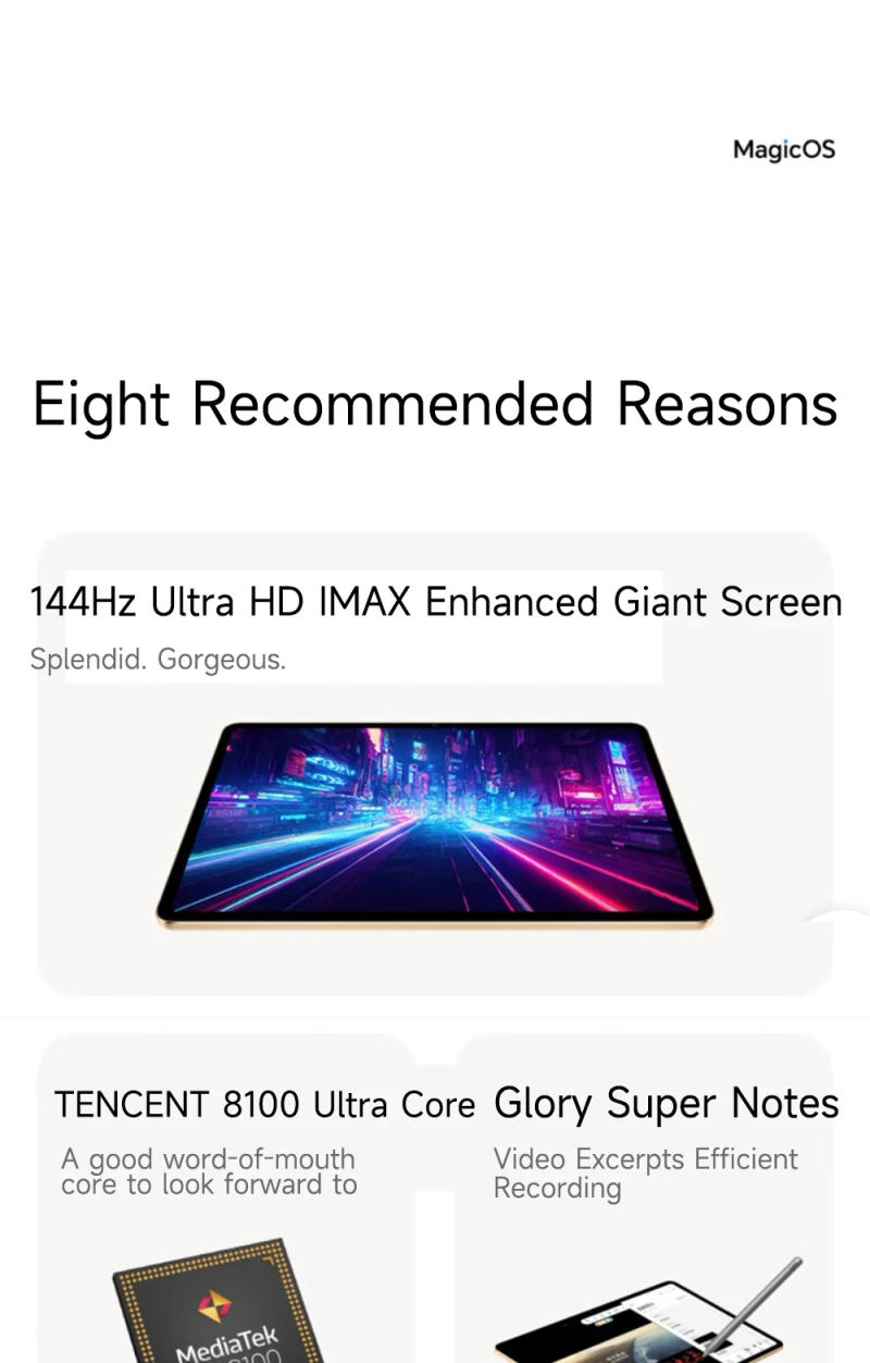 Description Picture 3 of itemOriginal HONOR Pad V8 Pro 12.1 Inch 144Hz IPS Screen Dimensity 8100 CPU 10050 battery mAh MagicOS 7.0 (based on Android 12)