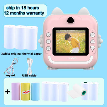 Kids Instant Camera 2.4Inch IPS Screen Full HD Instant Print Digital Camera Light Ear With Lanyard Birthday Gifts for Boys Gilrs