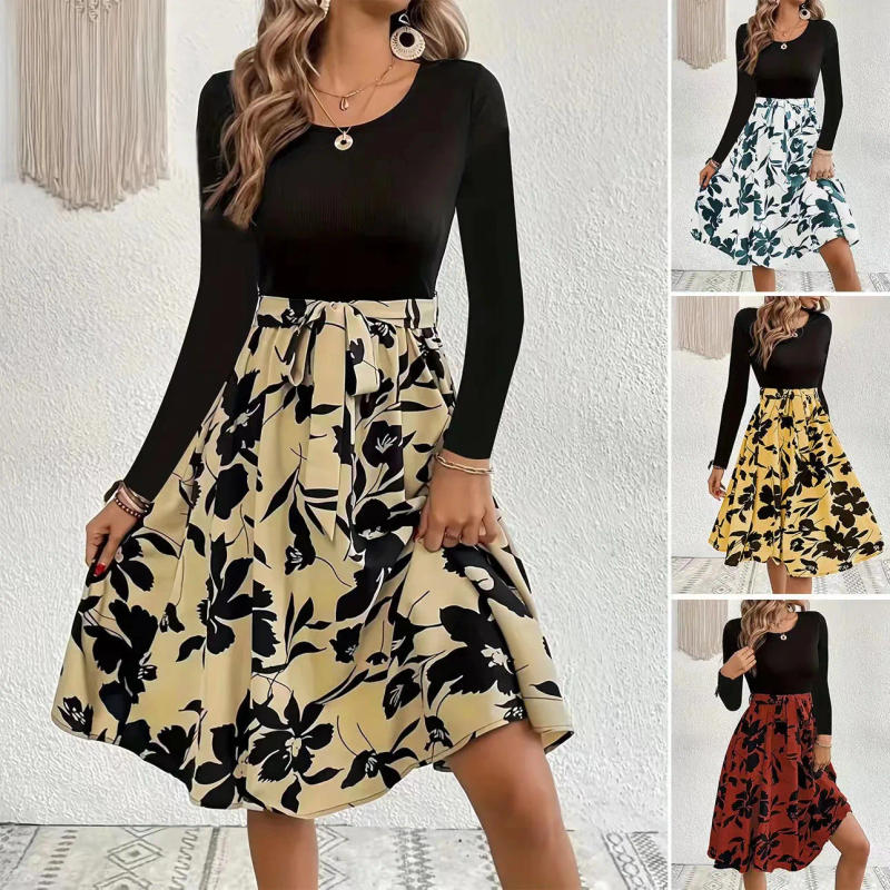 Description Picture 5 of itemSpring Autumn Vintage Printed Patchwork Long Sleeve Dress Ladies Elegant Fashion Lace Up Bow Mini Robe Vestido Women's Clothing