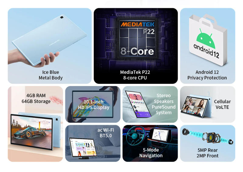 Description Picture 4 of itemTeclast P20S 10.1 Inch 1280X800 IPS Tablet 4GB RAM 64GB ROM MTK P22 Octa Core Android 12 Dual Cameras WIFI GPS Type-C Tablets