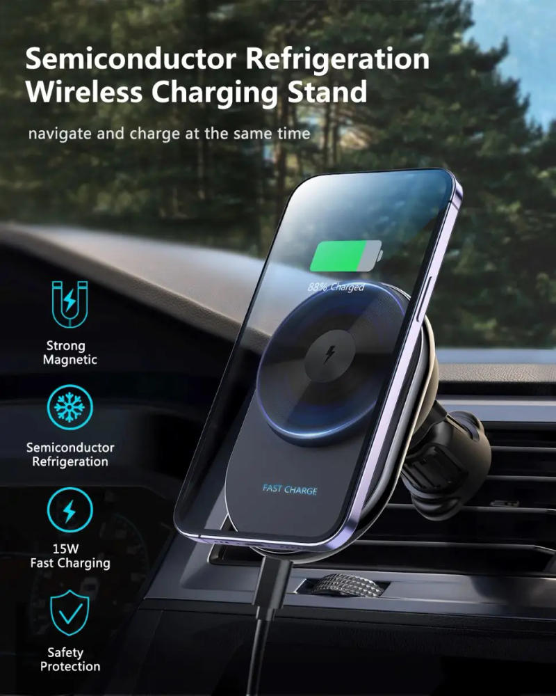Description Picture 2 of item15W Semiconductor Ice Cooling Magnetic Car Wireless Charger for iPhone 15 14 13 Pro Magsafe Mobile Phone Charging Holder Mount