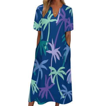 Palm Trees Dress Sunset Print Vintage Maxi Dress Short Sleeve Custom Boho Beach Long Dresses Street Fashion Oversize Vestido