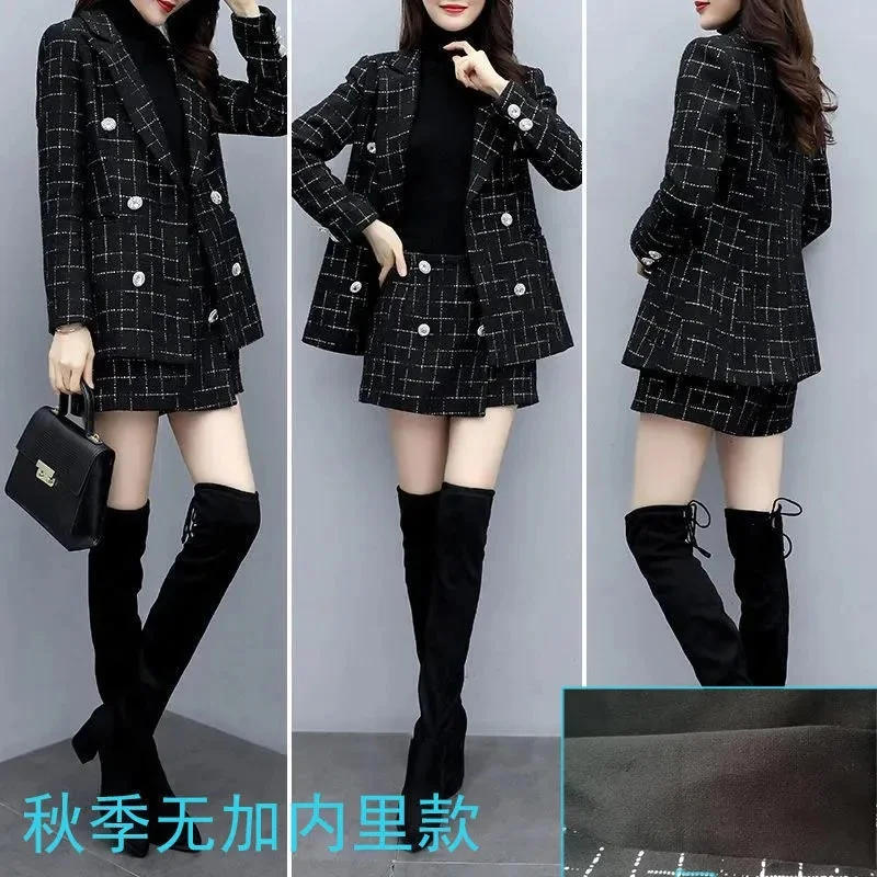 Description Picture 5 of item2022 Autumn Winter New Style Thickened Woolen Plaid Coat Slim Bag hip Skirt Pants Fashionable Temperament Two-piece Suit Female