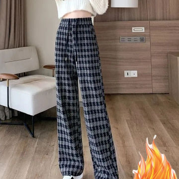 New Baggy Warm Wide-leg Sweatpants Winter Black Plaid Thick Velvet Lined Straight Pant Casual Thicken Velveteen Women Pantalones