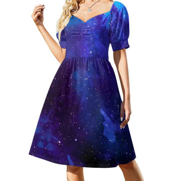 Galaxy Print Dress Blue Nebula Space Elegant Dresses Female Short Sleeve Stylish Casual Dress V Neck Oversized Vestido