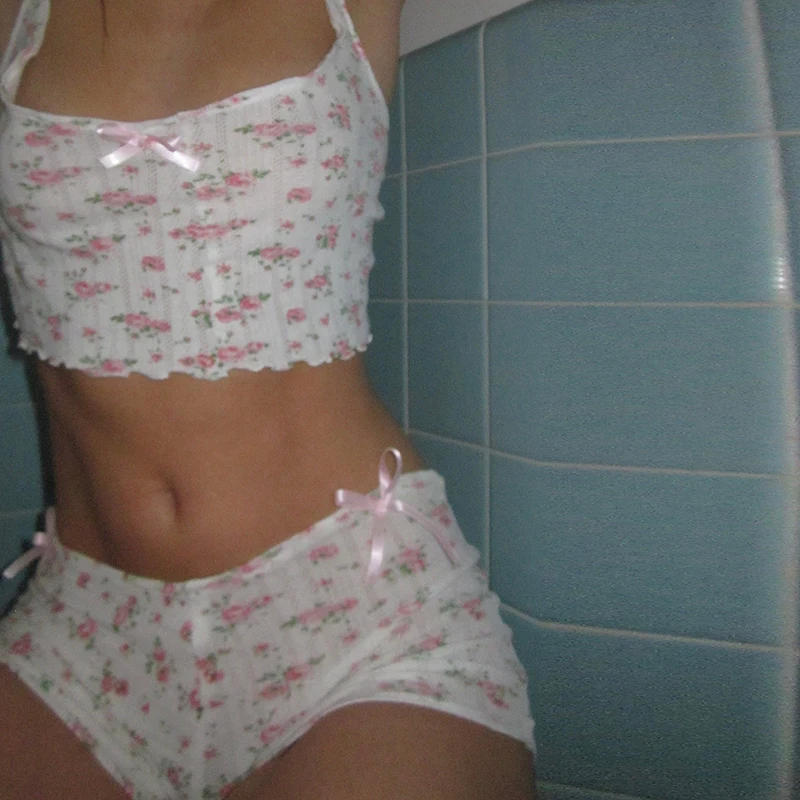 Description Picture 3 of item2 Piece Set Pajamas Fairy Cute Bow Crop Tops 90s Vintage Floral Print Backless Camis + Shorts 00s Aesthetics Grunge Y2K Homewear