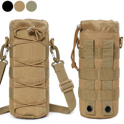 Tactical Molle Water Bottle Pouch With Sling Kettle Bag Holder Drawstring Open Top & Mesh Bottom Camping Hydration Carrier