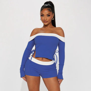 Absobe Color Contrast Patchwork Shorts Leisure Suit Women Cut Out Lacing Long Sleeve Top Low Rise Shorts 2 Piece Set Streetwear