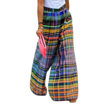 High Waist Elastic Waistband Women Pants Pockets Colorful Plaid Print Casual Oversized Straight Wide Leg Pants Streetwear