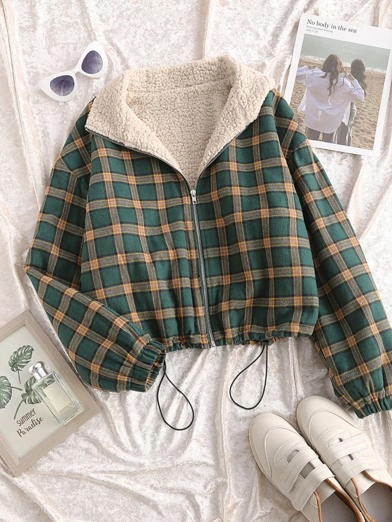 Description Picture 3 of itemZAFUL Zip Up Fleece Lined Plaid Houndstooth Jacket Women Drawstring Coat Winter Warm Outwear