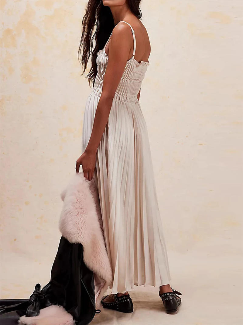 Description Picture 2 of itemWomen s Summer Slip Maxi Dress Sexy Solid Color Spaghetti Strap Lettuce Trim Pleated Long Flowy Beach Casual Dress