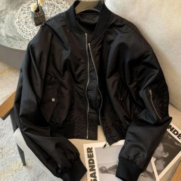 Deeptown Vintage Cropped Women's Bomber Jacket Oversized Korean Streetwear Zipper Fashion Track Short Jackets Black Autumn Winte