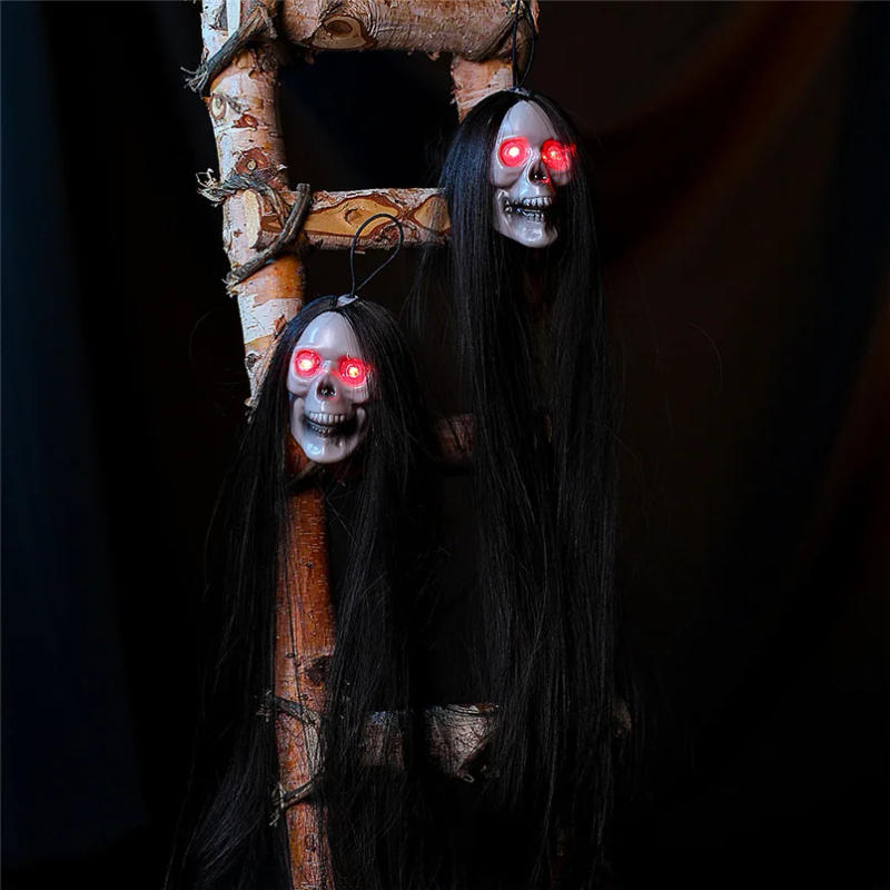 Description Picture 5 of itemHalloween Hanging Ghost Skull with Long Hair Glowing Eyes Terror Skull Ghost House Head Skeleton Props 2023 Halloween Decoration
