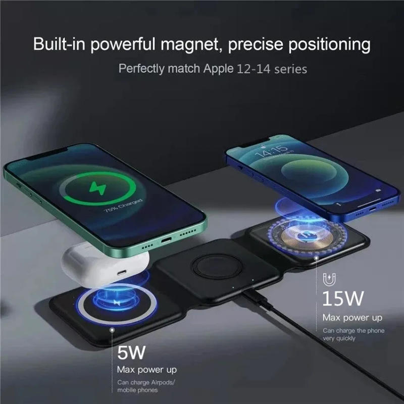Description Picture 5 of item3 In 1 Magnetic Wireless Charger Pad Stand Foldable for iPhone 14 13 12 11 X Apple Watch AirPods 15W Fast Charging Dock Station