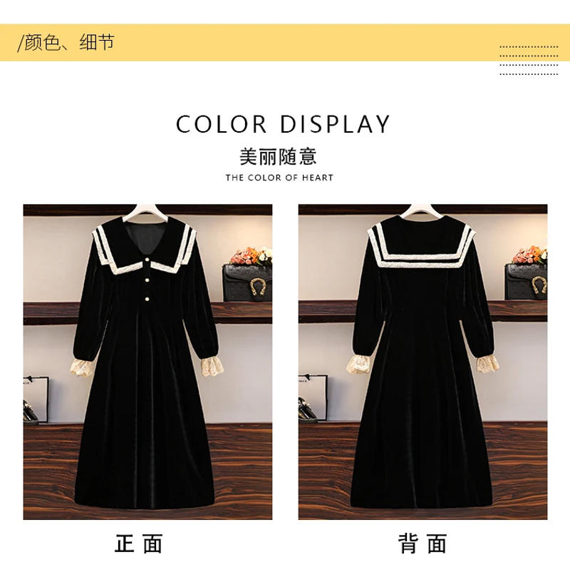 Description Picture 4 of itemWomen Black Hepburn Velvet Midi Dress Autumn Winter Korean Vintage Casual Long Sleeve Dress 2023 Elegant Bodycon Party Vestidos