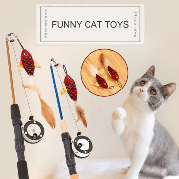 Interactive Fish-shaped Telescopic Fishing Rod Pet Cat Toy Stick Feather Wand Toys Cat Teaser Toy Supplies Random Color