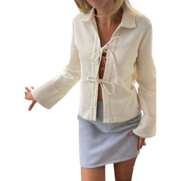 Women Coat Tops Solid Color Tie-Up Front Lapel Neck Long Sleeve Casual Streetwear Cardigan