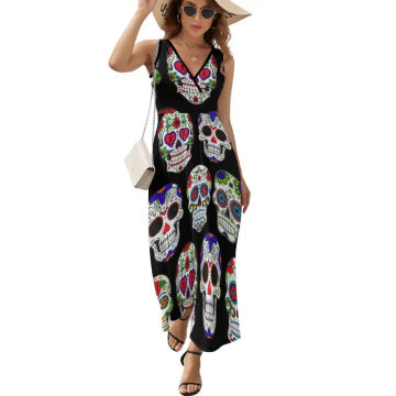 Day Of The Dead Sugar Skull Flower Art Dress WomenBeach Maxi Dress V Neck Sleeveless Street Fashion Design Bohemia Long Dresses