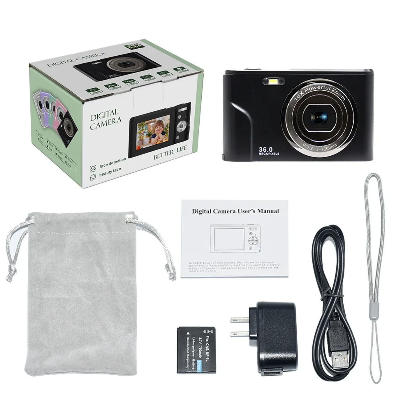 Description Picture 2 of itemDigital Camera 1080P FHD Mini 36MP LCD Screen Rechargeable Compact Camera with 16X Digital Zoom YouTube Vlogging for Kids,Adult