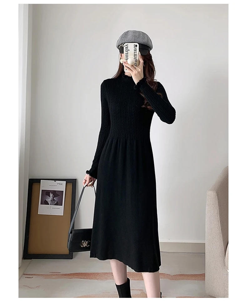 Description Picture 4 of itemNew 2023 Autumn Winter Sweater Dress Women Thicken Warm High Waist Knitted Dresses Korean Style Casual A Line Maxi Dress