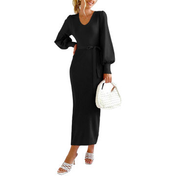 Women Lantern Sleeve Dress Slim Fit V Neck Long Sleeve Dress Vintage Elegant Knit Dress with Belted Solid Color Vacation Outfit