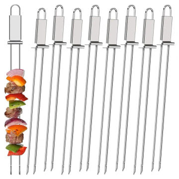 Double Needle Stainless Steel Barbecue Skewer Reusable BBQ Skewers Kebab Double-Ended BBQ Fork Semi-automatic Barbecue Fork