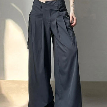 HEYounGIRL Asymmetrical Waist Loose Straight Pants Dark Gray Shirring Folds Wide Leg Trousers Female Fashion Suit Pants Korean