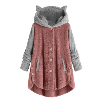 2023 Women's Coat Winter Plus Velvet Sports Winter Cute Cats Ears Hooded Irregular Hem Buttons Jacket Fleece Coat Christmas Gift