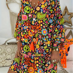 Spring and Summer New Style of Explosive Women's V-neck Printed Dress Large Wear