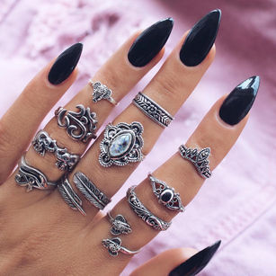 11Pcs/Set Women Retro Carved Elephant Feather Olive Branch Stacking Knuckle Ring