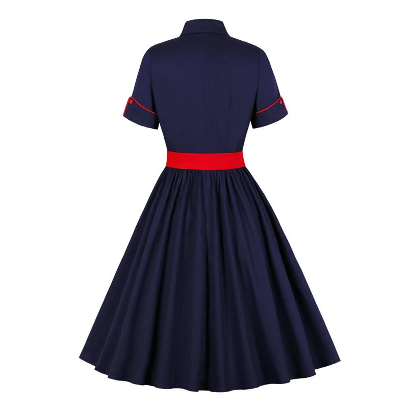 Description Picture 6 of itemTonval Turn-Down Collar Button Up Rockabilly Vintage 50s Cotton Shirt Dress Short Sleeve Women Red Belt Elegant Pleated Dresses
