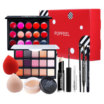 10Pcs/Kit Gift Box Makeup Set Eye Shadow Palette Foundation Concealer Mascara Eyebrow Eyeliner Lip Gloss Cosmetic Puff  Brush