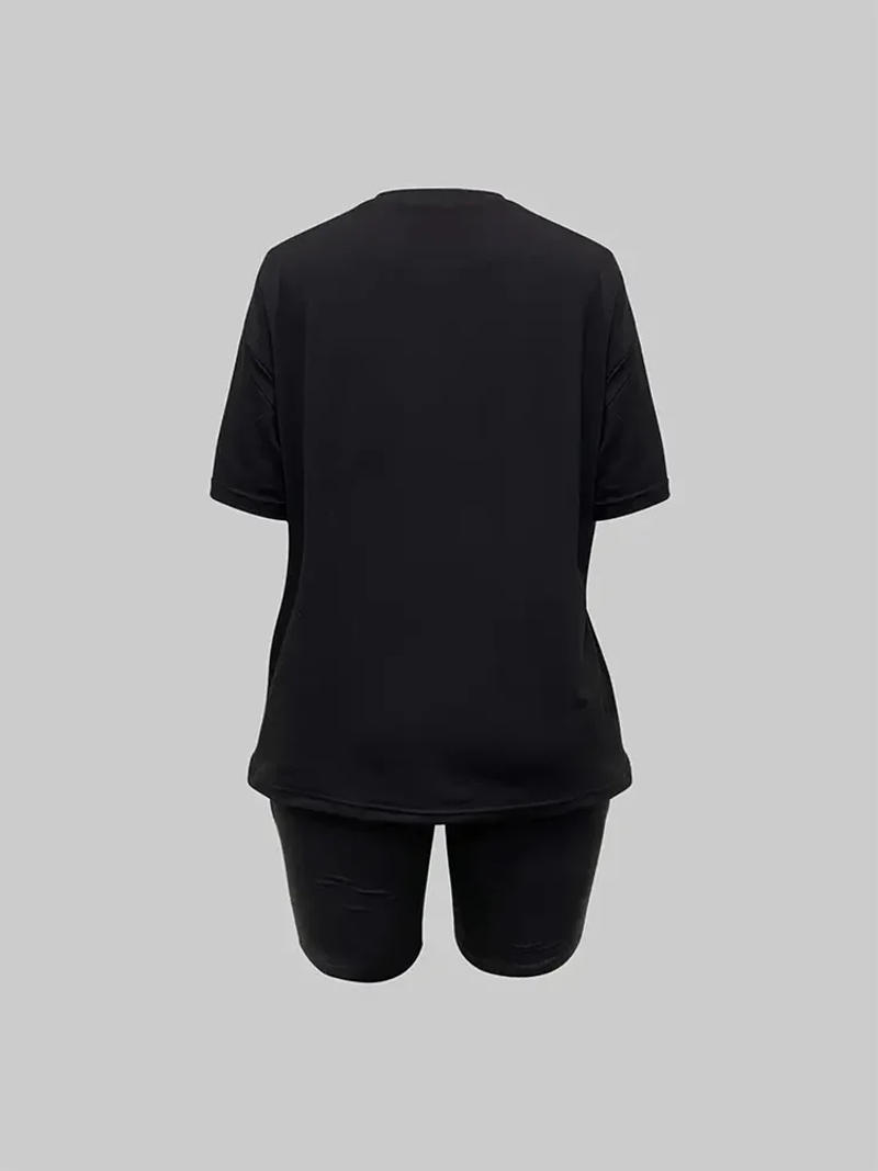 Description Picture 3 of itemPrinted casual two-piece set, round neck short sleeved T-shirt and slim fitting bicycle shorts set, women's clothing