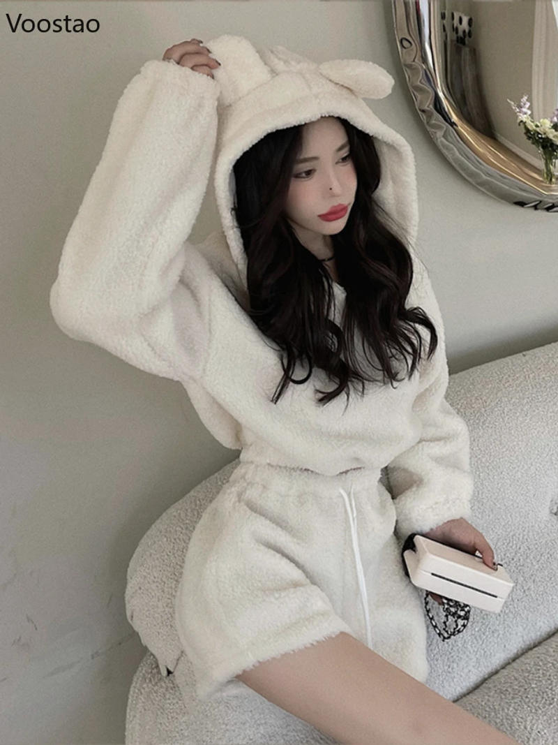 Description Picture 5 of itemAutumn Winter Women Kawaii Shorts Set Soft Plush Bear Ears Hooded Sweatshirt High Waist Shorts Suit Girls Hoodies 2 Piece Sets