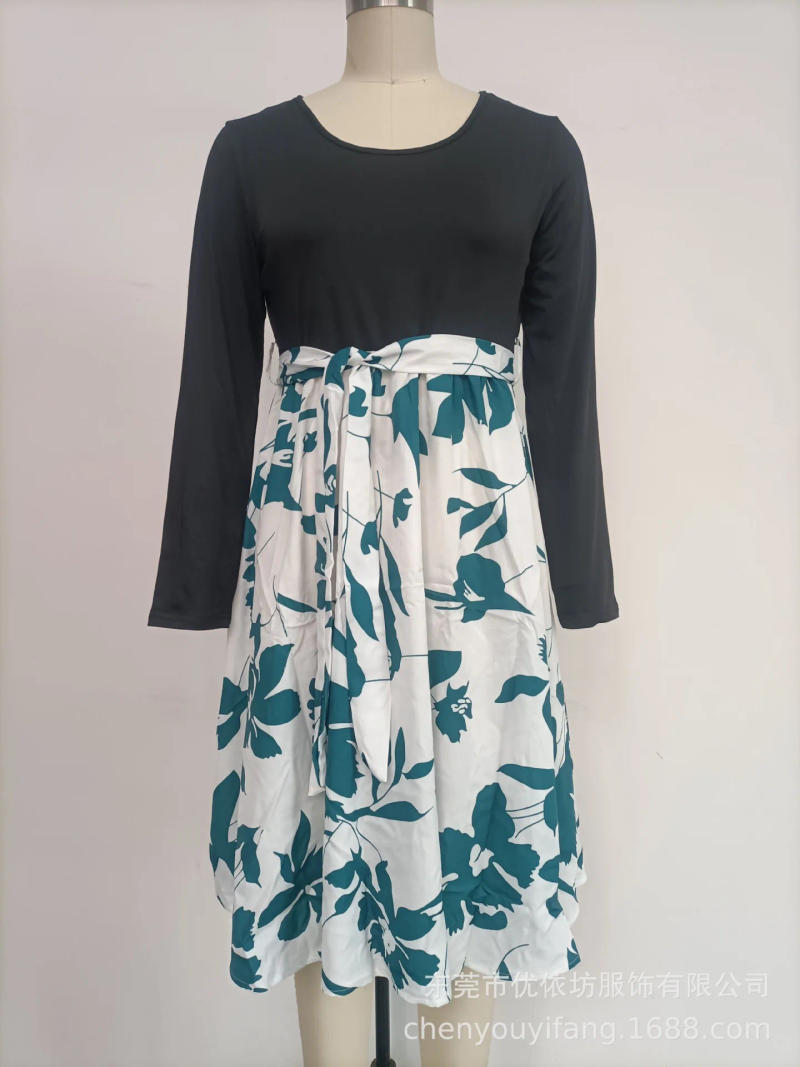 Description Picture 4 of itemSpring Autumn Vintage Printed Patchwork Long Sleeve Dress Ladies Elegant Fashion Lace Up Bow Mini Robe Vestido Women's Clothing