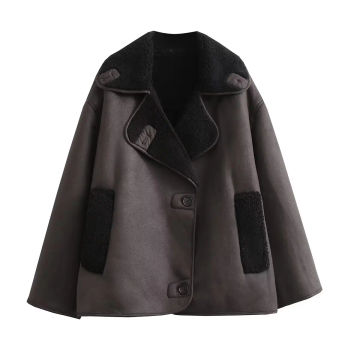 SLTNX TRAF Winter Coat for Women 2023 Faux Fur Thick Lapel Coat Female Warm PU Jacket Ladies with Pockets Streetwear Jackets