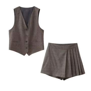 TRAFZA 2023 Autumn Winter Women Vintage Plaid Suits Fashion Casual Sleeveless V Neck Vests+Asymmetric Zippers Mini Shorts Skirts