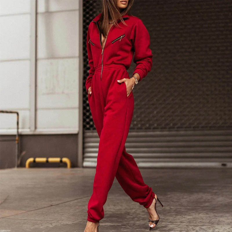 Description Picture 4 of itemWinter Casual Fleece Thick Women Jumpsuit Fall Solid Long-sleeve Loose Romper Female Vintage Zipper Cargo Pant Overalls Playsuit