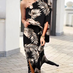 2023 Summer Sexy Hot Style Oblique Shoulder Single Side Sleeve Irregular Oblique Neck Long Dress for Women