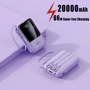 20000mAh Mobile Power Supply With Built-In Cable 66W Super Fast Charging Power Bank Waterproof Portable Mobile Phone Accessories