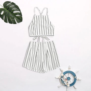 2 Pieces Sets 2021 Summer Women Sexy Halter Sleeveless Shirts Striped Print Female Crop Tops & Shorts sets костюм женский летний