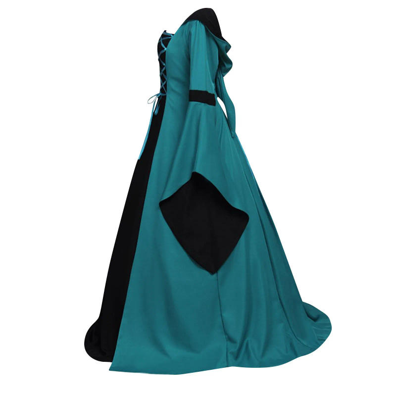 Description Picture 5 of item2023 Women's Medieval Vintage Hooded Dress Square Neck Tie Flared Sleeve Big Swing Dress Casual Printed Long Sleeve A-line Dress