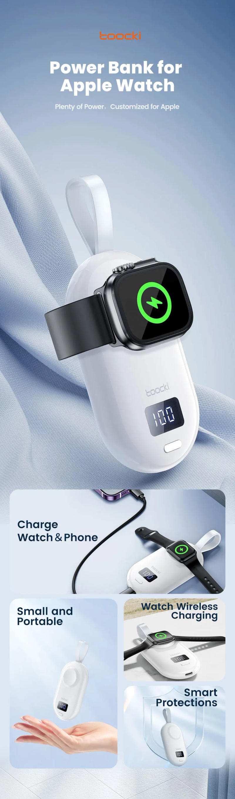 Description Picture 2 of itemToocki Mini Portable Magnetic Wireless Charger 2500mAh Fast Charging Power Bank For Apple Watch USB C Charging Dock