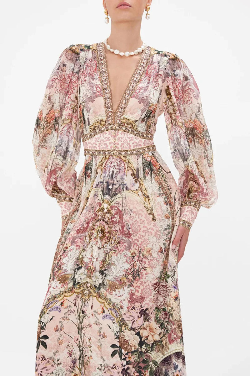 Description Picture 5 of item2023 Autumn/Winter New Vintage Pink Flower Pattern Silk Print Gold Button Deep V-Neck Lantern Sleeve Long Dress woman maxi skirt